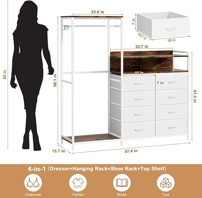 Dresser with Clothes Rack,58" H Clothing Rack with Fabric Drawers & LED Lights,Clothes Racks for Hanging Clothes,8 Drawers Dresser,Garment Rack for Bedroom with Charging Station,White