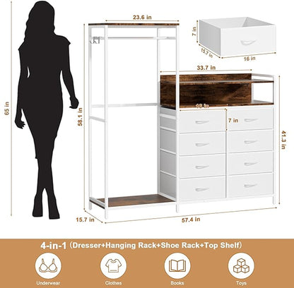 Dresser with Clothes Rack,58" H Clothing Rack with Fabric Drawers & LED Lights,Clothes Racks for Hanging Clothes,8 Drawers Dresser,Garment Rack for Bedroom with Charging Station,White