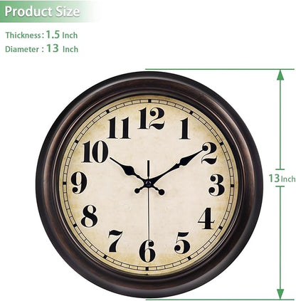 45MinST 13 Inch Red-Brown Vintage Large Wall Clock, Quartz, Battery Operated, Quiet Non-Ticking Accurate Movement with Bold Numerals, Elegant Home Decor