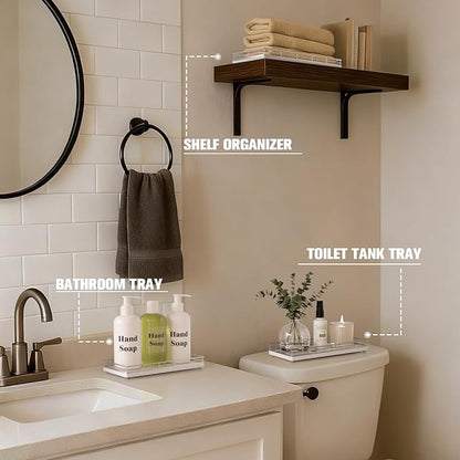 Bathroom Vanity Tray – 12" x 6" Oak Decorative Wooden Tray for Toilet Tank Organizer Wood Tray for Bathroom Countertop, Soap, Perfume & Accessories Storage, Vanity Dresser Decor, Sliver & White