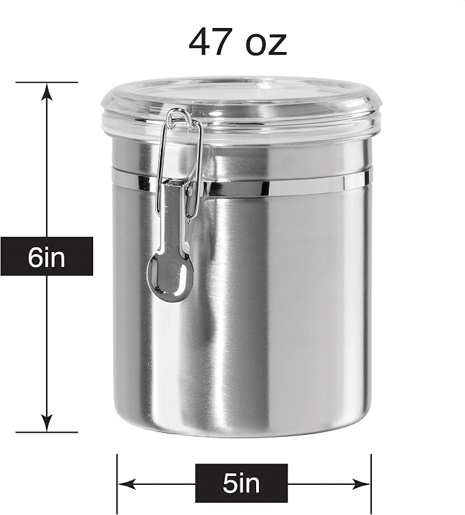 OGGI Stainless Steel Kitchen Canister 47oz - Airtight Clamp Lid, Clear See-Thru Top - Ideal for Kitchen Storage, Food Storage, Pantry Storage. Large Size 5" x 6"