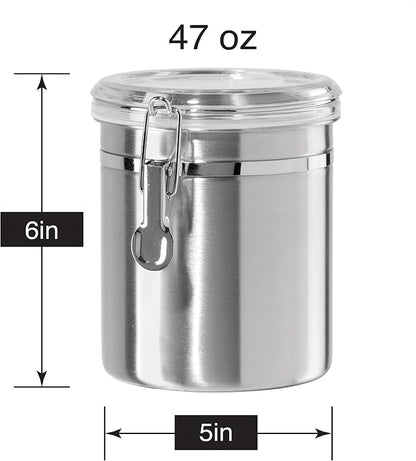 OGGI Stainless Steel Kitchen Canister 47oz - Airtight Clamp Lid, Clear See-Thru Top - Ideal for Kitchen Storage, Food Storage, Pantry Storage. Large Size 5" x 6"