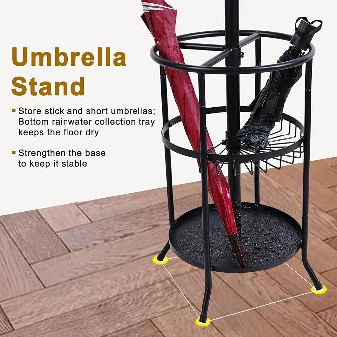 Freestanding Coat Rack with Umbrella Holder,Metal Coat Tree with 12 Hooks for Hanging Coat,Hats,Bag, Black Modern Coat Rack Stand Umbrella Stand for Entryway, Living Room, Bedroom, Office
