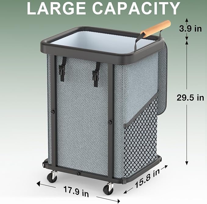 150L (40 Gal) Extra Large Fashion Laundry Basket with Wheels, Rolling Basket Hamper with Handle, Organizer Storage Cart with Sturdy Metal Frame for Laundry Room - Gray