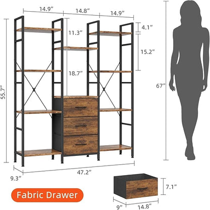 AFLUI Triple Bookshelf with 3 Fabric Drawers, 4-Tier Book Shelf and 10 Display Shelves, Industrial Large Bookcase for Home & Office, Rustic Brown, 47'' Wide