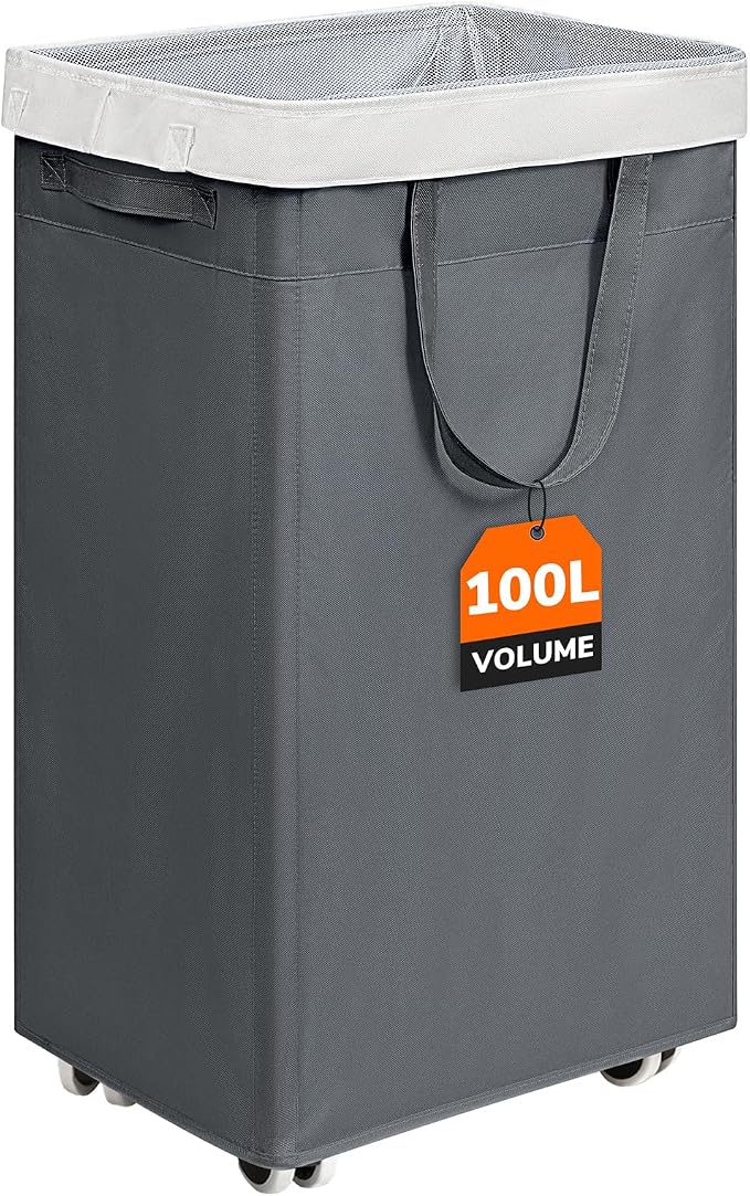 CHICVITA 100L Rolling Laundry Basket with Wheels, Large Collapsible Laundry Hamper with Removable Wash Bag Space for Corner Dorms, Grey