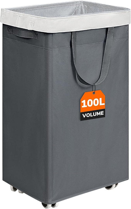 CHICVITA 100L Rolling Laundry Basket with Wheels, Large Collapsible Laundry Hamper with Removable Wash Bag Space for Corner Dorms, Grey