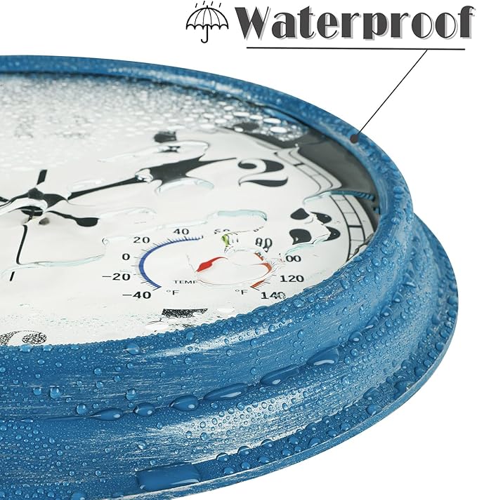 JENLYSTIME 16 Inch Blue Vintage Waterproof Indoor/Outdoor Wall Clock with Thermometer & Hygrometer, Large Numerals & Silent Sweep Movement - Ideal for Porch, Garden, Pool, Bathroom