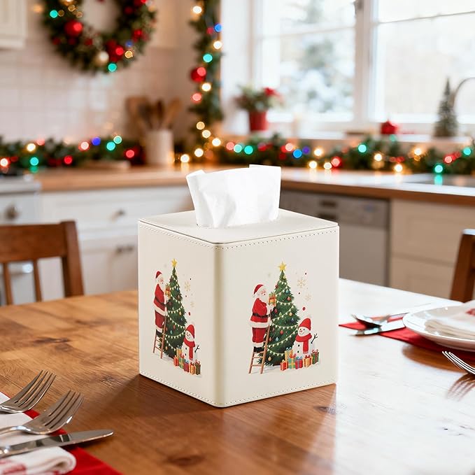 Square Christmas-Themed Tissue Box Cover with A Magnetic Bottom,A Stylish Leather-Decorated Tissue Holder for Living Rooms, Bedrooms, and Office Desks (White Square)