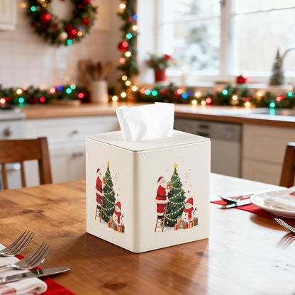 Square Christmas-Themed Tissue Box Cover with A Magnetic Bottom,A Stylish Leather-Decorated Tissue Holder for Living Rooms, Bedrooms, and Office Desks (White Square)