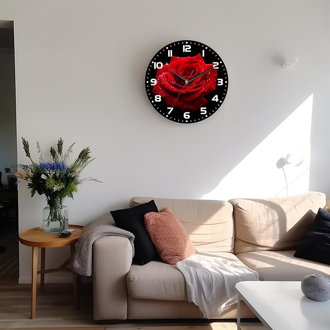 Wall Clock, 10 Inch Silent Non-Ticking Home Kitchen Decor, Battery Operated for Bathroom Bedroom Living Room Office(Red Roses)