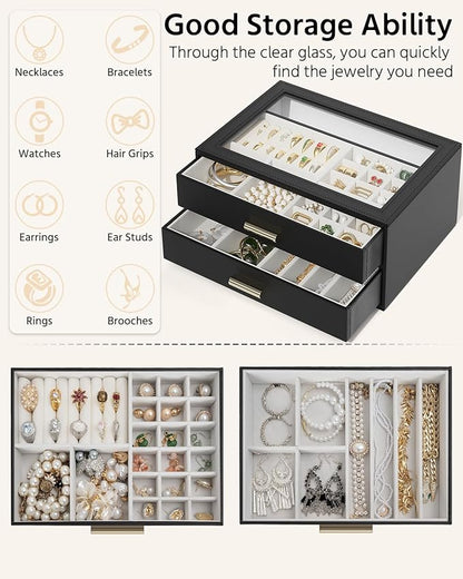 AKOZLIN Jewelry Box with Clear Lid Functional Leather Jewelry Storage Organizer Case 2 Drawers for Women Girls Necklace Ring Bracelet Earring
