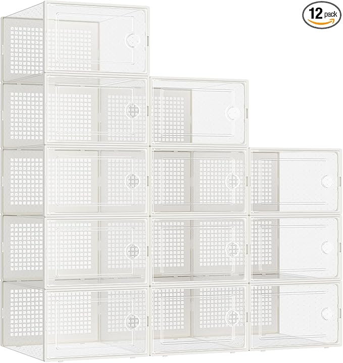 Kuject 12 Pack Large Shoe Boxes, Clear Stackable Containers with Lids,White | Shoe organizers for closet & entryway, under-bed,Drop-front design fits women's size 10