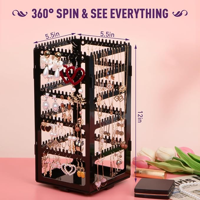 360° Rotating Jewelry Organizer Stand with 5 Layers,Acrylic Earring Holder Organizer Stand,212 Holes and 212 Grooves for Studs,Dangly Earrings,Chains,Bracelets,Necklace