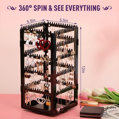 360° Rotating Jewelry Organizer Stand with 5 Layers,Acrylic Earring Holder Organizer Stand,212 Holes and 212 Grooves for Studs,Dangly Earrings,Chains,Bracelets,Necklace