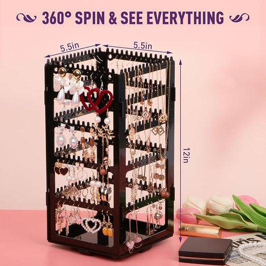 360° Rotating Jewelry Organizer Stand with 5 Layers,Acrylic Earring Holder Organizer Stand,212 Holes and 212 Grooves for Studs,Dangly Earrings,Chains,Bracelets,Necklace
