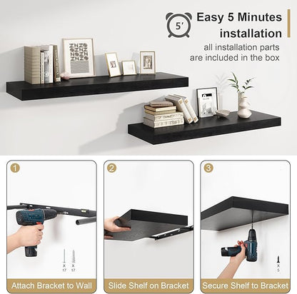 Heimlove 12 Inch Deep Floating Shelves, 55 x 12 inch Extra Long Floating Shelves for Wall, Large Display Shelf & Storage Shelf for Living Room Bedroom Kitchen Home Office, Set of 1, Black