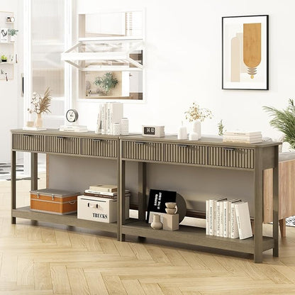 Fluted Console Table with Drawers, Modern 47.1" Entryway Table with Storage Shelf, Boho Narrow Skinny Behind Couch Wood Sofa Table for Living Room Hallway Entrance Foyer,Washed Oak