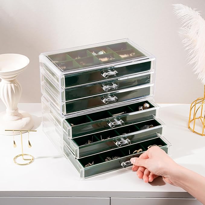 Lolalet Earring Holder Organizer Box Jewelry Storage with 6 Drawers, Clear Acrylic Stackable Earring Case with Adjustable Velvet Trays for Women on Dresser Vanity -Emerald, 6 Layers