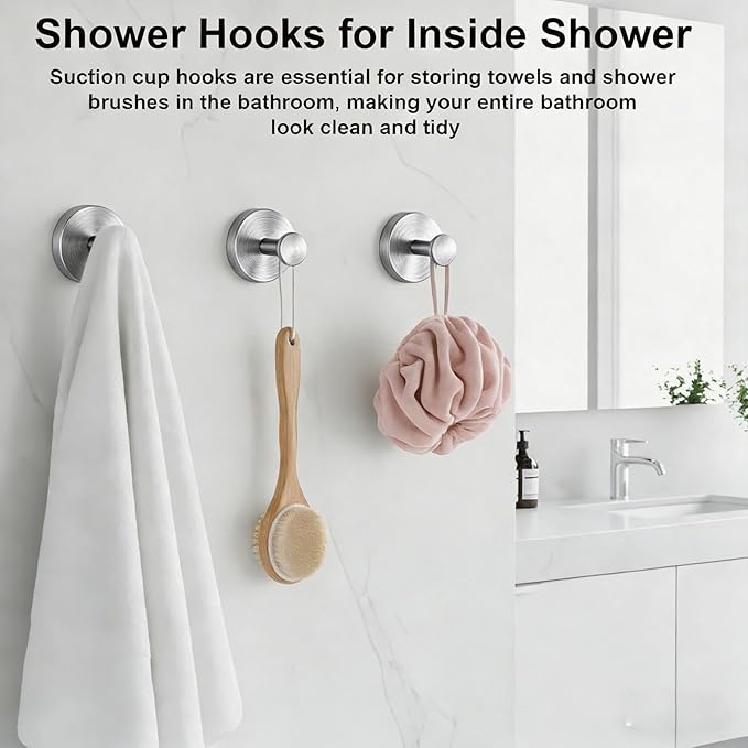Herda Suction Cup Hooks for Shower Stainless Steel Suction Wreath Hanger for Glass Door No-Drill Removable and Reusable Suction Cup Hook for Loofah, Towel, Bathrobe, Holds Up to 15 Lbs - 4Pack, Silver