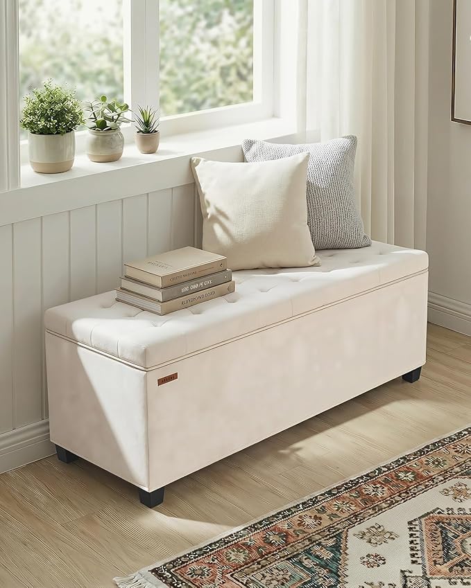 Velvet Storage ottoman bench with legs,43.5”W x 15.7”D x 15.7”H,metal frame end of bed bench hold up to 770 LB,Large Storage Chest hold up to 770 LB,White UASND623W