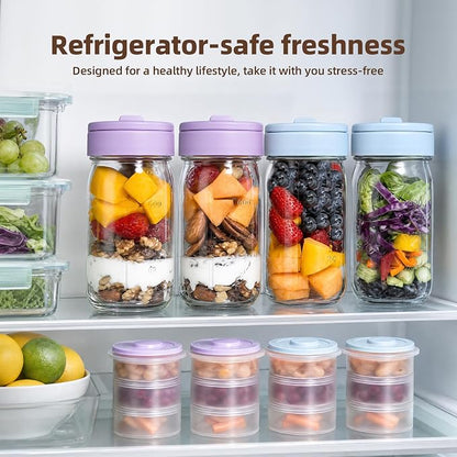 TQRR 32 OZ 4 Pack Overnight Oats Containers with Lids, Glass Storage Jar with Dry and Wet Separation, Leakproof Wide Mouth Mason Jars, Glass Jars with a Handle for Salads,Yogurt (2, Blue & Purple)