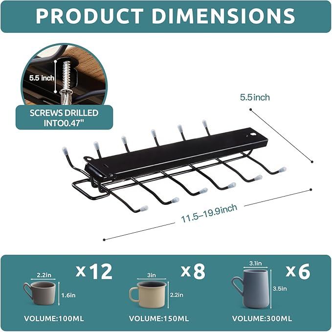 LiaMeE Sliding Mug Hooks Under Cabinet - Pull Out Coffee Cup Holder Rack with 12 Hooks, Metal Under Shelf Mug Organizer for Kitchen, Space Saving Hanging Storage (Black,2PCS)