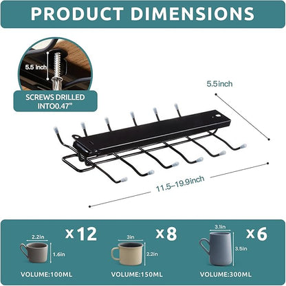 LiaMeE Sliding Mug Hooks Under Cabinet - Pull Out Coffee Cup Holder Rack with 12 Hooks, Metal Under Shelf Mug Organizer for Kitchen, Space Saving Hanging Storage (Black,2PCS)