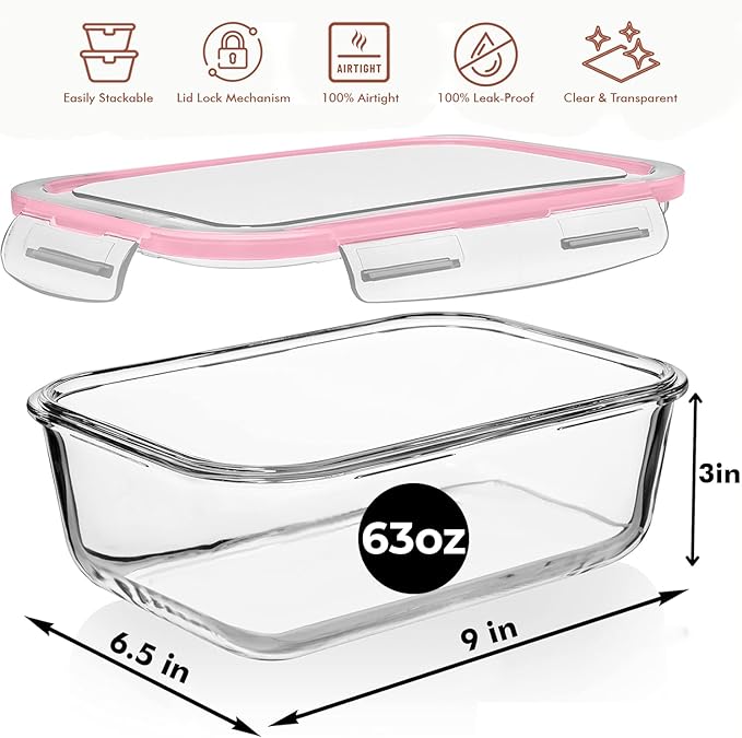 Razab 1860ml / 63 Oz (Pack of 02) Large Glass Food Storage Containers with Airtight Lids, Ideal for Baking, Storing Food, Vegetables & Fruits, BPA Free & Leakproof - Microwave, Oven Safe