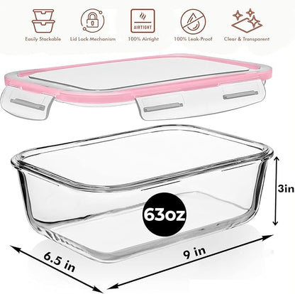 Razab 1860ml / 63 Oz (Pack of 02) Large Glass Food Storage Containers with Airtight Lids, Ideal for Baking, Storing Food, Vegetables & Fruits, BPA Free & Leakproof - Microwave, Oven Safe