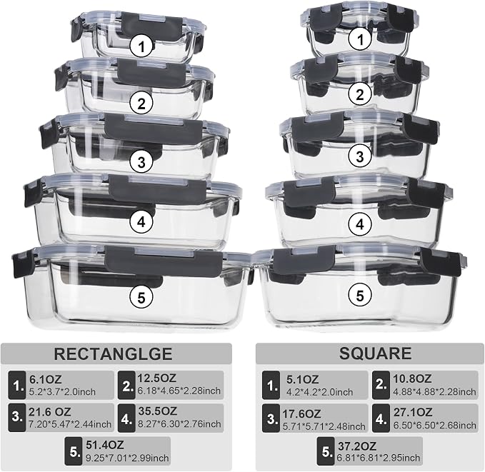 coccot Glass Food Storage Containers with Lids Airtight, Glass Meal Prep Containers for Lunch Food, Container Set, Easy to Open& Close/Microwave,Oven,Freezer,Dishwasher Safe/Leak-Proof（20 Pieces）