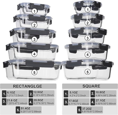 coccot Glass Food Storage Containers with Lids Airtight, Glass Meal Prep Containers for Lunch Food, Container Set, Easy to Open& Close/Microwave,Oven,Freezer,Dishwasher Safe/Leak-Proof（20 Pieces）