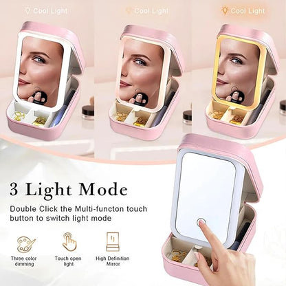 CALLIE Personalized Travel Jewelry Box for Women, Retro Gemstone Birth Flower PU Leather Jewelry Organizer Case with Name and LED Mirror, Valentine’s Day Birthday Gifts for Mom Sister Daughter Wife