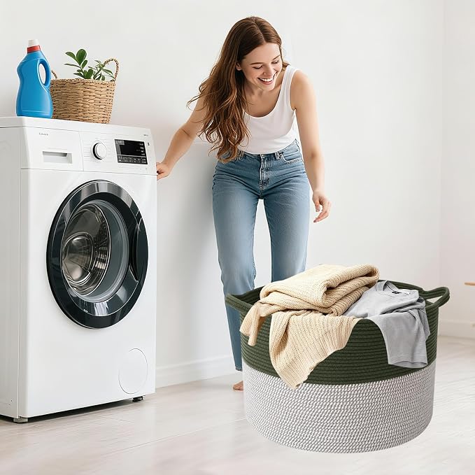 115L Extra Large Blanket Basket,Woven Rope Laundry Basket Hamper with Handles, Decorative Nursery Basket Storage Bin for Toys, Clothes Organizer, Living Room, Bedroom, Bathroom, Green&White