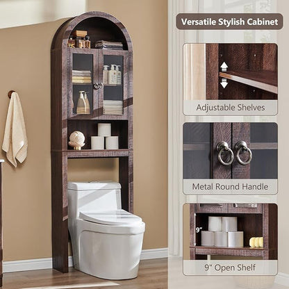IFGET Arched Over The Toilet Storage Cabinet with Acrylic Doors, Modern Over Toilet Bathroom Organizer Shelf, Small Wooden Bathroom Storage Cabinet with Adjustable Shelf, Space Saver, Dark Walnut