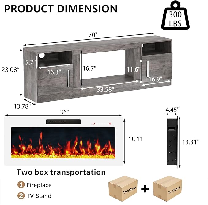 PRETZI Fireplace TV Stand with 36" Fireplace Up to 80" TVs, 70" Entertainment Center with LED Lights,Remote Control, TV Media Console with Storage Cabinets for Living Room,White+Grey