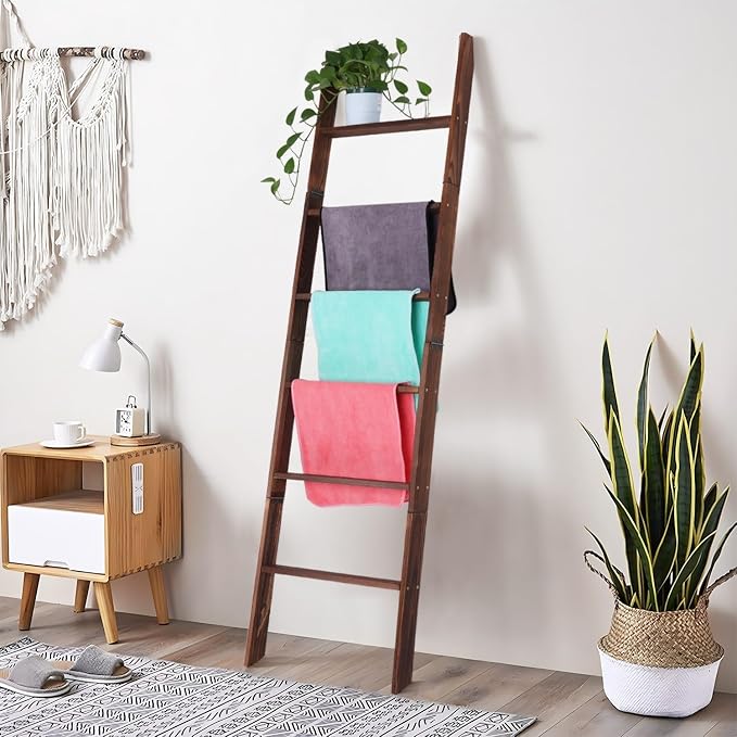 Blanket Ladder for Living Room and Bedroom,6-Tier Decorative Display Ladder Shelf,Ladder Rack for Storage and Decor,Wall Leaning Farmhouse Blanket Storage,Towel Rack, Bathroom,Brown