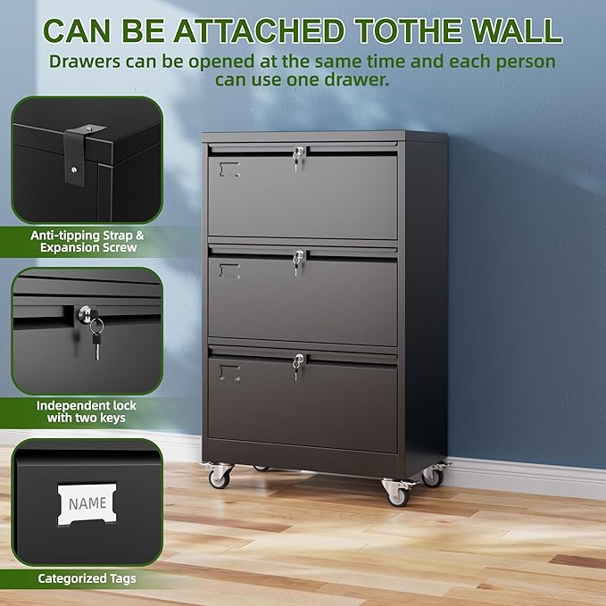 Aobabo 3 Drawer Lateral File Cabinet with Wheels, Lockable Metal Filing Cabinet for Home Office, Legal/Letter Size,Black,Required Assembled,15.87" D x 28.94" W x47.63 H