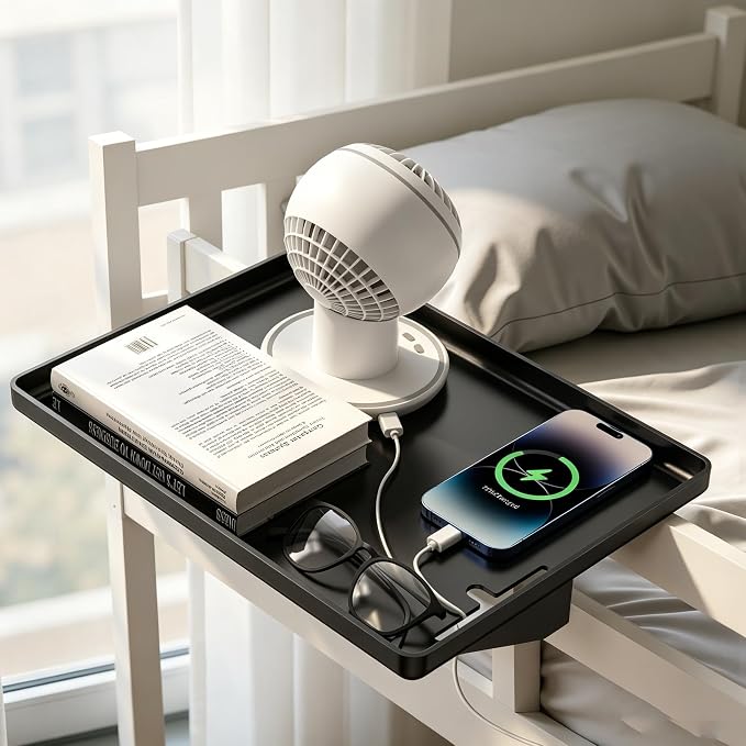 Bedside Shelf for Dorm Room Bunk Bed, Loft Shelf for Bunk Bed, Clip on Bed Side Table Tray for Dorm Bed, College Dorm Room Essentials for Girls/Guys, Bedside Tray with Cable Management, Back to School