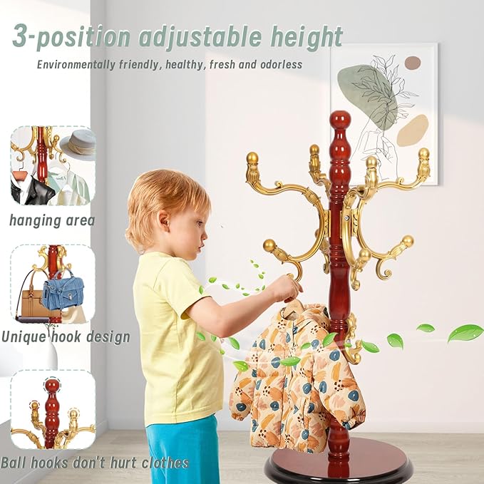 Coat Rack Freestanding,Solid Wooden Coat Rack Stand with 3 Height Options,14 Hooks, Natural Birch Coat Tree Easy to assemble for Clothes Jacket Hat bag Entryway (mahogany) (begonia)
