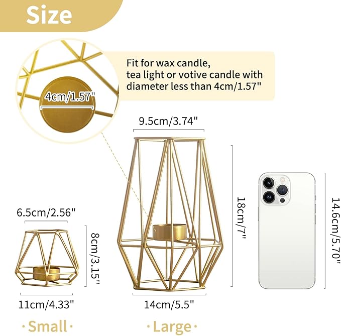 2 Pcs Metal Hexagon Shaped Geometric Design Tea Light Votive Candle Holders, Iron Hollow Tealight Candle Holders for Vintage Wedding Home Decoration, Gold (S + L)