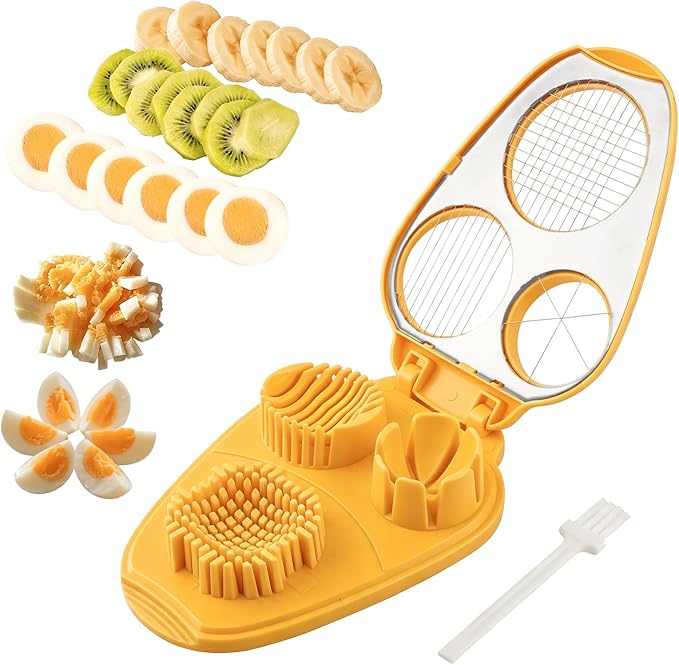 Egg Slicer for Hard Boiled Eggs 3 In 1, 3 Slicing Modes Eggs Dicer, Stainless Steel Egg Cutter, Kitchen Chopper Tool for Egg, Butter, Strawberry, Tomato, Mushroom, and Grape, Dishwasher Safe (yellow)