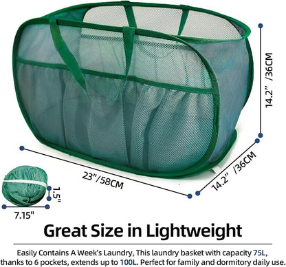 2 Pack Collapsible Laundry Baskets, Upgrade Pop Up Laundry Hamper with Convenient Bags, Foldable Laundry Basket Mesh Light Weight, Easy to Carry Clothes Hampers for Laundry, Dorm, Toys, Travel Green