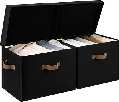 StorageWorks Fabric Storage Bins with Lid, Decorative Storage Boxes for Shelves, Stackable Closet Organizer Basket with Handles, Jumbo, Black, 2-Pack