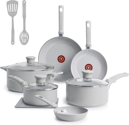 T-Fal Refresh Ceramic Nonstick Cookware Set, 12-Piece Ceramic Pots and Pans Set, Includes Stockpot, Griddle, Frying Pans, Utensils, Moon Grey