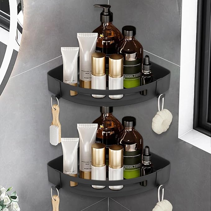 NearMoon Bathroom Shower Caddy 2 Pack, No Drill 304 Stainless Steel Shower Organizer with 2 Hooks (Corner Shelf, Matte Black)