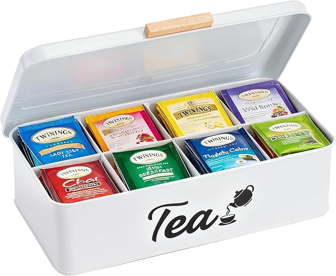 Farmhouse Tea Bag Organizer, Tea Bag Holder with 8 Compartments for Countertop, Tea Box Organizer with Wooden Handle for Home Kitchen