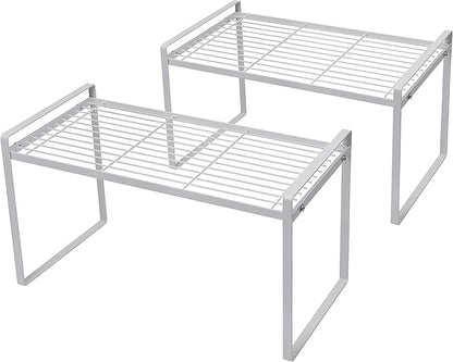 Shantton 2Pack Cabinet Shelf Organizer Storage Rack Space Saving for Kitchen Counter Pantry Bathroom Cupboard Under Sink Office Table Steel Stackable Rust Resistant Heavy Duty Nonslip 16” White - Tall