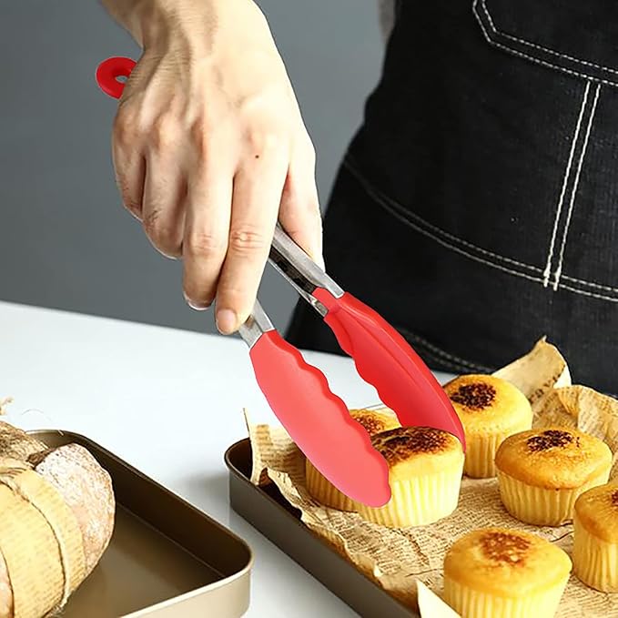 HINMAY 7-Inch Mini Silicone Tongs Small Serving Tongs for Appetizers, Set of 3 (Red)