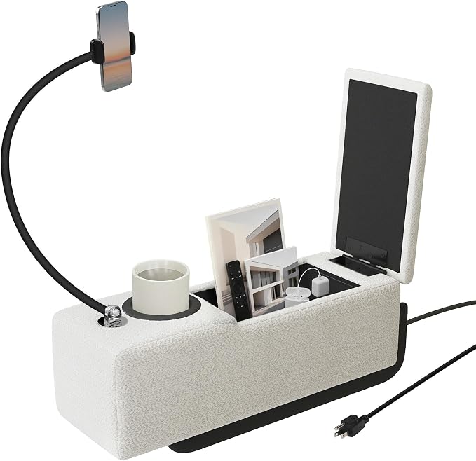 Couch Caddy with Cup Holder Multifunctional Couch Armrest Charging Console Phone Holder Sofa Arm Rest 20.3'' Removable White Chenille Sofa Organizer Remote Snack Storage for Livingroom Couches
